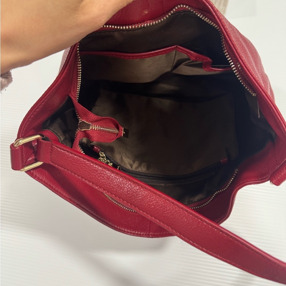 Bostanten Red  Leather 7 Pocket Shoulder Bag   12 x 12" x 4" like new - Picture 11 of 12